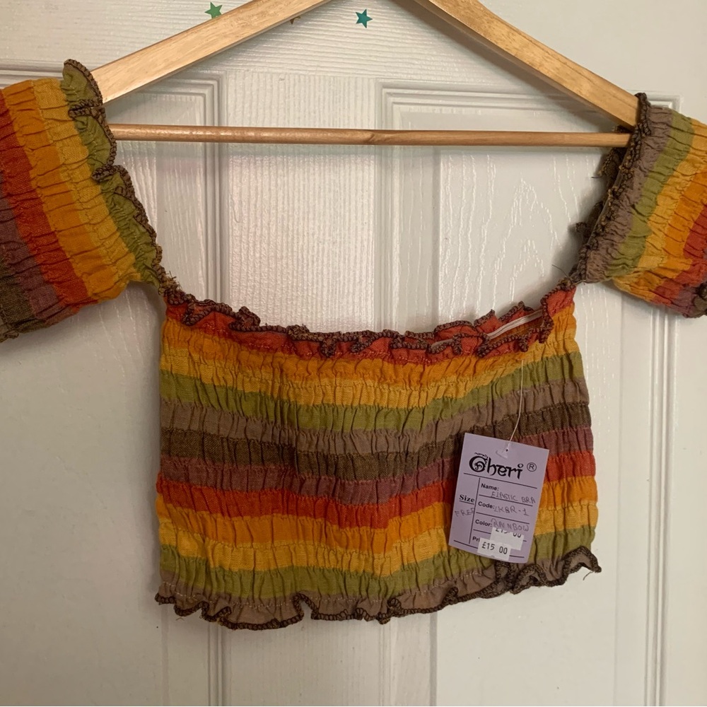 Multicolor Smocked Off-Shoulder Crop Top